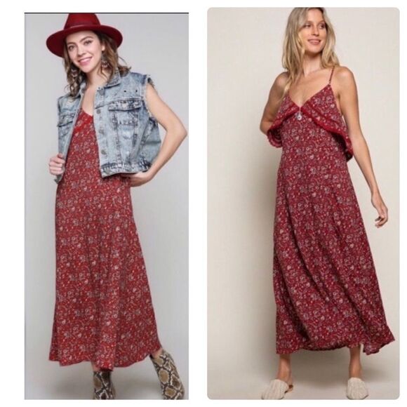 𝅺floral Ruffle Maxi Dress Featuring Red Base Print - Picture 1 of 16